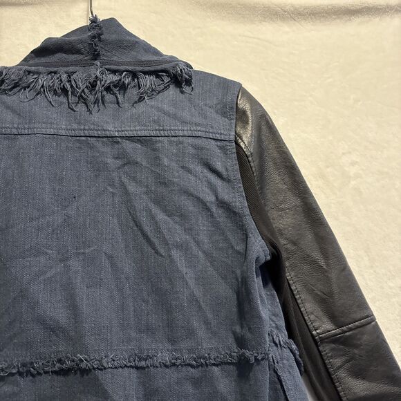 BlankNYC Drape Front Mixed Media Denim Vegan Leather Fringe Jacket Size Medium - Picture 8 of 15